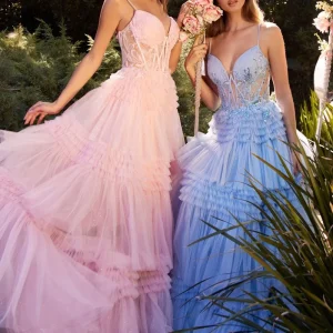 Encantador vestido de corpiño transparente adornado con una aplicación de encaje ,falda de tul plisada en capas que cae en cascada
