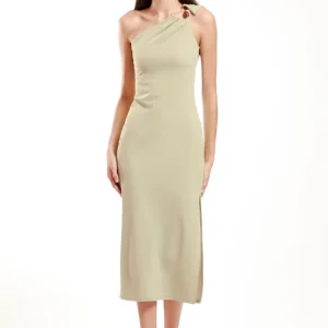Vestido Midi Asimétrico Aplique Dorado